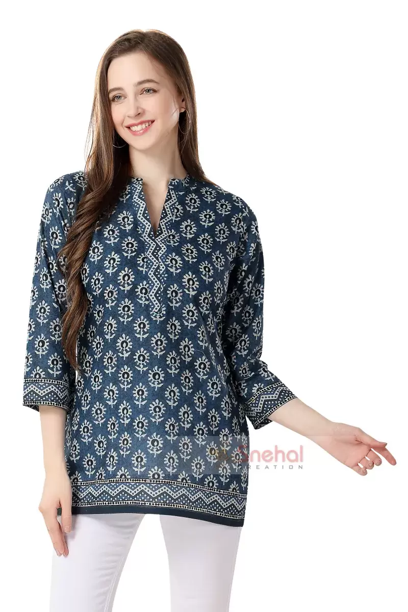 Designer Short Top Indigo Blue Cotton Short Printed Kurti With Mandarin Collar Short Tunic Top